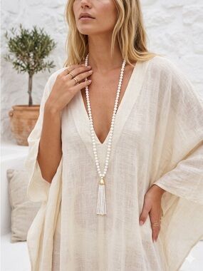 Kenneth Jay Lane White Beaded Tassel Long Flapper Necklace